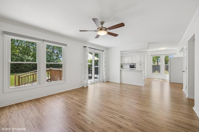 4315 Lombardy Ln, Hoffman Estates, IL 60192 - unfurnished living room featuring plenty of natural light, a ceiling fan, light wood finished floors, and ornamental molding