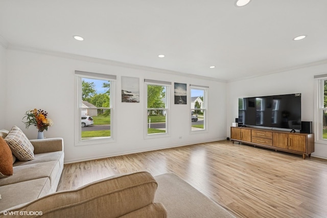4315 Lombardy Ln, Hoffman Estates, IL 60192 - living room featuring ornamental molding, healthy amount of natural light, recessed lighting, and light wood-type flooring