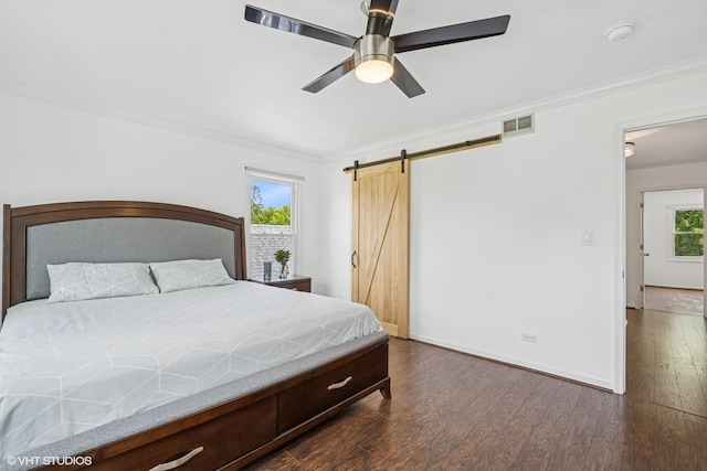 4315 Lombardy Ln, Hoffman Estates, IL 60192 - bedroom with ornamental molding, dark wood-style flooring, a barn door, and a ceiling fan