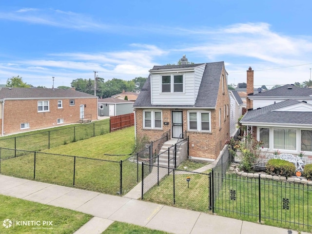 9613 S Yale Ave, Chicago, IL 60628 - view of front of house with brick siding, a fenced front yard, a chimney, and a gate