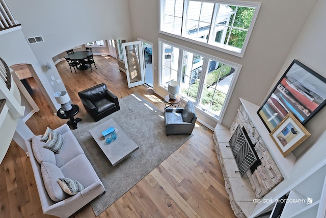 905 Burnham Ct, Aurora, IL 60502 - living area with a towering ceiling, a fireplace, hardwood / wood-style floors, and plenty of natural light