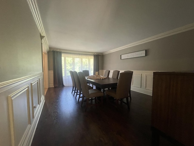 13745 S King Rd, Homer Glen, IL 60491 - dining area featuring crown molding, a decorative wall, dark wood-style flooring, and wainscoting