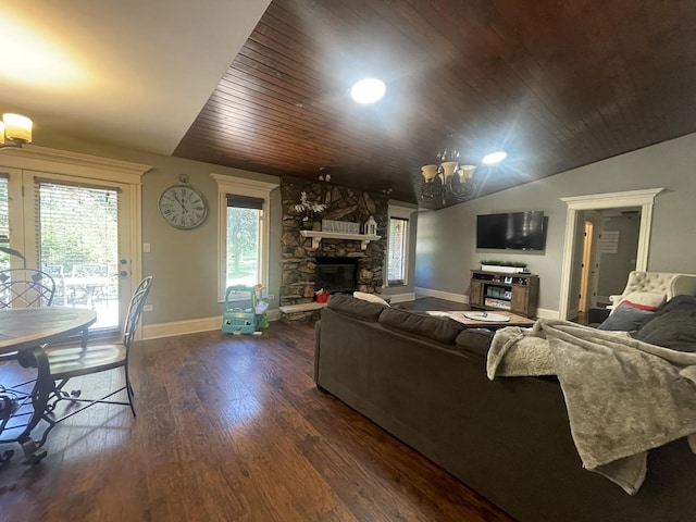 13745 S King Rd, Homer Glen, IL 60491 - living room with a chandelier, wood ceiling, a stone fireplace, wood finished floors, and recessed lighting