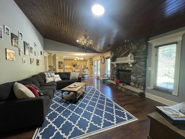 13745 S King Rd, Homer Glen, IL 60491 - living area with a chandelier, plenty of natural light, wooden ceiling, wood finished floors, and a stone fireplace