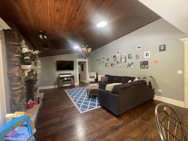 13745 S King Rd, Homer Glen, IL 60491 - living room featuring wooden ceiling, wood finished floors, lofted ceiling, a chandelier, and a fireplace
