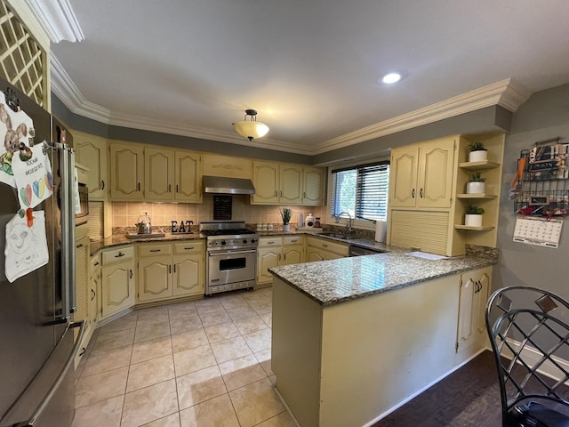 13745 S King Rd, Homer Glen, IL 60491 - kitchen featuring stainless steel appliances, extractor fan, a peninsula, crown molding, and cream cabinets