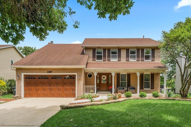 1297 Gregory Ct, Naperville, IL 60565 - view of front facade featuring covered porch, an attached garage, driveway, a front lawn, and roof with shingles