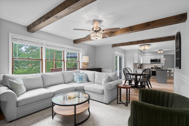 1297 Gregory Ct, Naperville, IL 60565 - living room featuring beamed ceiling, ceiling fan, and light wood-style floors