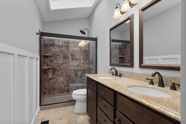 1297 Gregory Ct, Naperville, IL 60565 - full bathroom with a shower stall, double vanity, lofted ceiling, and a skylight