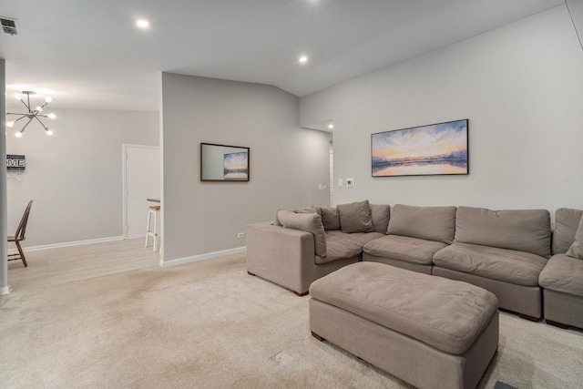 6021 Forest View Rd Unit 2C, Lisle, IL 60532 - living area featuring a chandelier, light colored carpet, recessed lighting, and vaulted ceiling