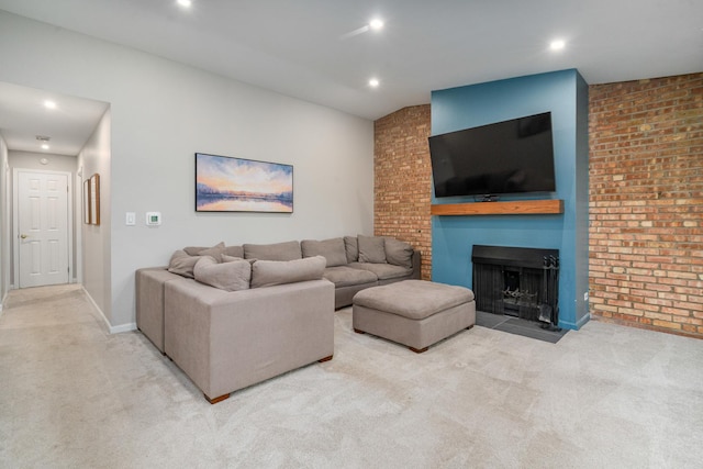 6021 Forest View Rd Unit 2C, Lisle, IL 60532 - carpeted living area featuring brick wall, a fireplace, and recessed lighting