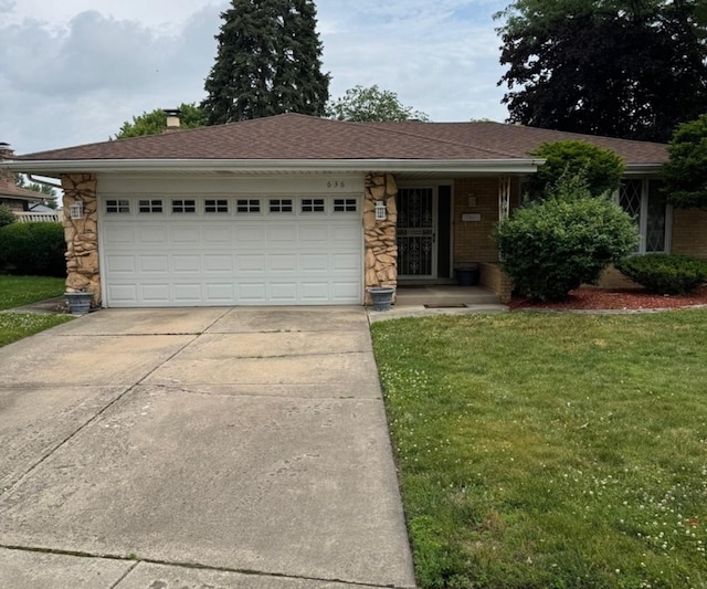 636 E 173rd St, South Holland, IL 60473 - ranch-style home with a front lawn, driveway, an attached garage, and stone siding