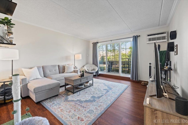 1050 N Farnsworth Ave Unit 202, Aurora, IL 60505 - living room featuring ornamental molding, an AC wall unit, a textured ceiling, and wood finished floors