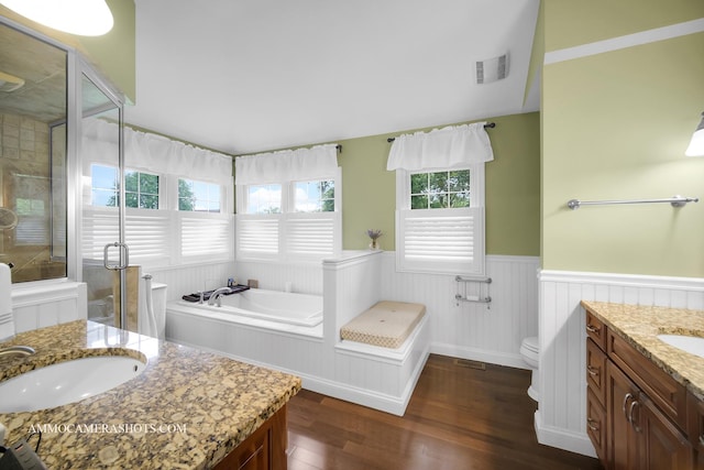 4 Dryden Ct, Algonquin, IL 60102 - full bath featuring vanity, wainscoting, wood finished floors, a bath, and a shower stall