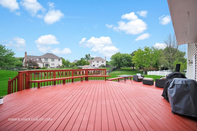 4 Dryden Ct, Algonquin, IL 60102 - wooden deck featuring a fenced backyard, an outdoor living space, grilling area, and a residential view