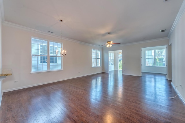 3866 Kingsmill Dr, Elgin, IL 60124 - unfurnished living room with healthy amount of natural light, a chandelier, dark wood-style floors, a ceiling fan, and crown molding