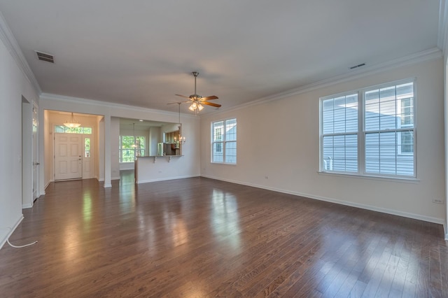 3866 Kingsmill Dr, Elgin, IL 60124 - unfurnished room featuring dark wood-style floors, crown molding, a ceiling fan, and a chandelier