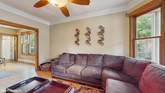 1150 S Oak Park Ave, Oak Park, IL 60304 - living room featuring healthy amount of natural light, a ceiling fan, wood finished floors, and ornamental molding