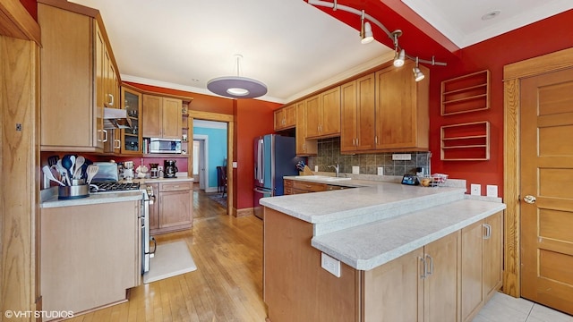 1150 S Oak Park Ave, Oak Park, IL 60304 - kitchen featuring stainless steel appliances, exhaust hood, light countertops, a peninsula, and tasteful backsplash