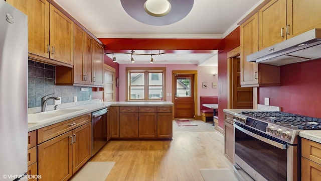 1150 S Oak Park Ave, Oak Park, IL 60304 - kitchen with stainless steel appliances, under cabinet range hood, light wood-style flooring, a peninsula, and light countertops