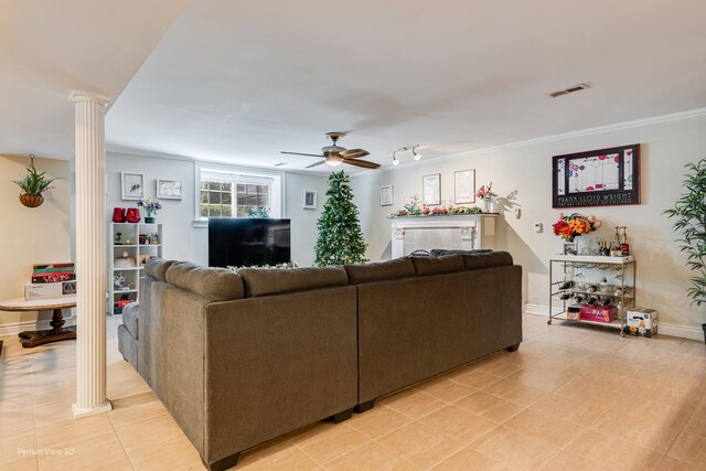 7612 N Rogers Ave Unit G, Chicago, IL 60626 - living room with ornate columns, a ceiling fan, light tile patterned floors, rail lighting, and crown molding