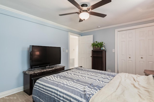 7612 N Rogers Ave Unit G, Chicago, IL 60626 - bedroom featuring crown molding, a closet, ceiling fan, and light tile patterned floors