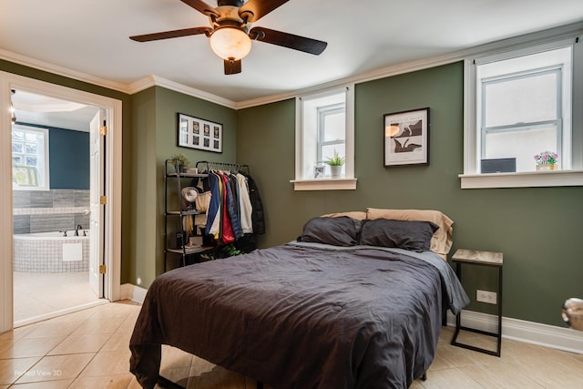 7612 N Rogers Ave Unit G, Chicago, IL 60626 - bedroom featuring tile patterned floors, ensuite bathroom, ornamental molding, and ceiling fan