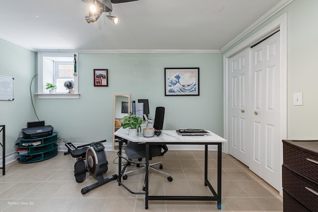 7612 N Rogers Ave Unit G, Chicago, IL 60626 - office space featuring crown molding, light tile patterned flooring, and a ceiling fan