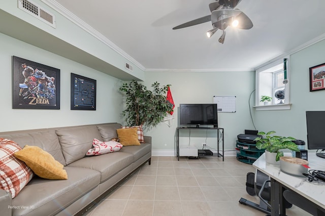 7612 N Rogers Ave Unit G, Chicago, IL 60626 - living area featuring ornamental molding, a ceiling fan, and light tile patterned floors
