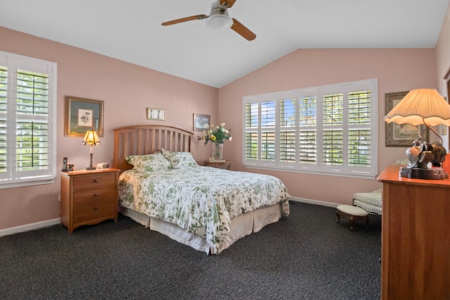 21309 Silktree Cir, Plainfield, IL 60544 - bedroom featuring lofted ceiling, dark colored carpet, and a ceiling fan