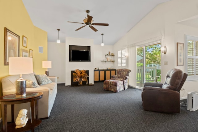 21309 Silktree Cir, Plainfield, IL 60544 - living room featuring carpet flooring, a ceiling fan, and lofted ceiling
