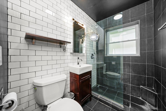 4113 W Cullom Ave Unit 1C, Chicago, IL 60641 - full bathroom with a walk in shower, vanity, tile walls, tile patterned flooring, and tasteful backsplash