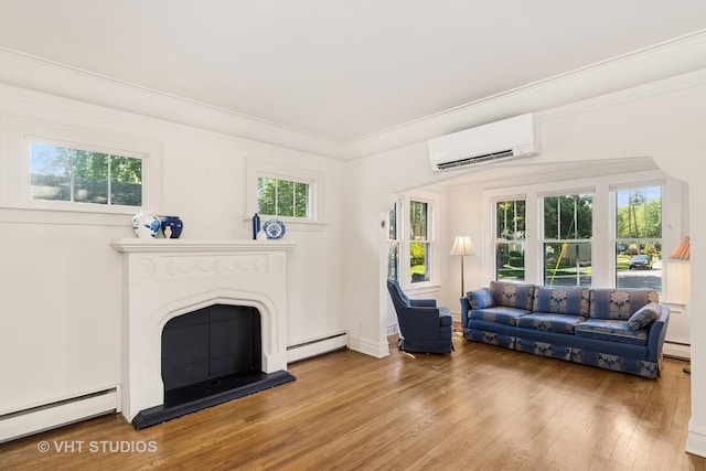 1620 Hyde Park Ave, Waukegan, IL 60085 - living room with a wall mounted AC, baseboard heating, a baseboard heating unit, hardwood / wood-style flooring, and healthy amount of natural light