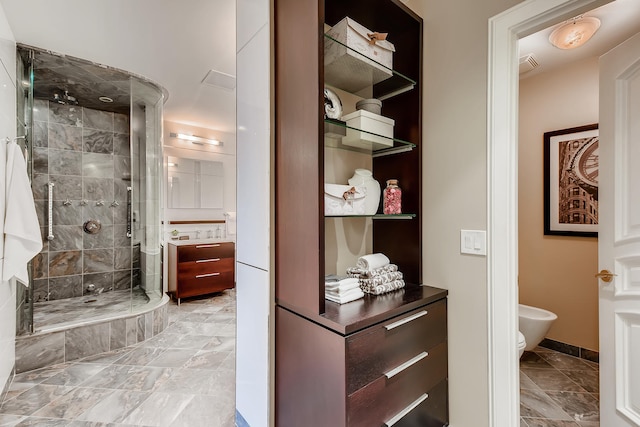 270 E Pearson St Unit 1402, Chicago, IL 60611 - full bathroom with a stall shower, marble finish floors, and a bidet