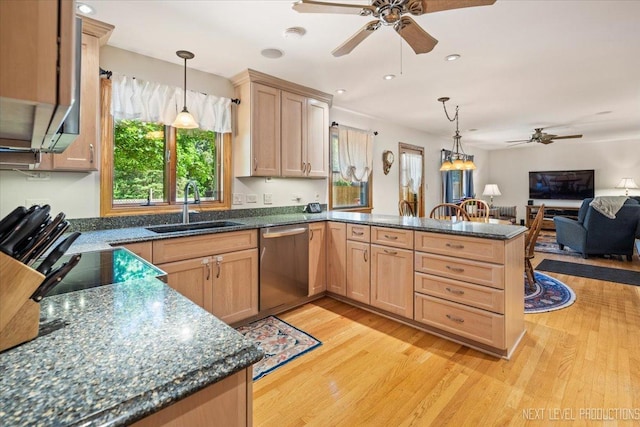 504 Fellows St, Saint Charles, IL 60174 - kitchen with stainless steel dishwasher, ceiling fan, a peninsula, open floor plan, and light wood-type flooring