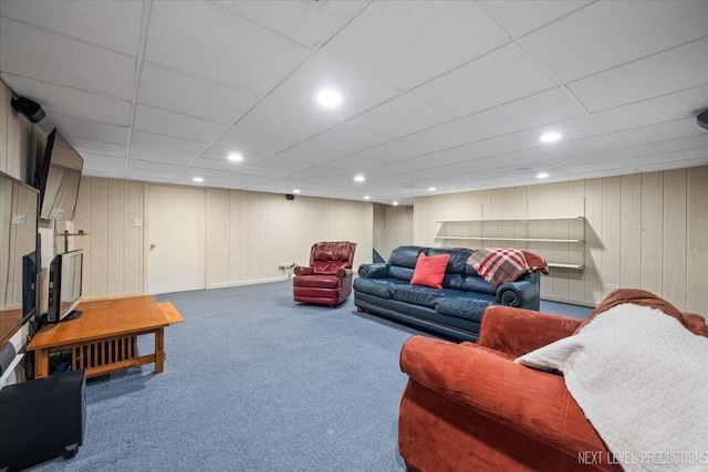 504 Fellows St, Saint Charles, IL 60174 - carpeted living area featuring recessed lighting, a fireplace, a paneled ceiling, and wood walls