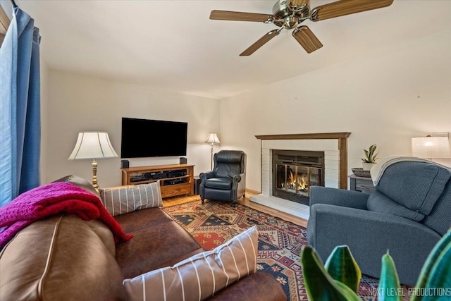 504 Fellows St, Saint Charles, IL 60174 - living area featuring ceiling fan, wood finished floors, and a brick fireplace