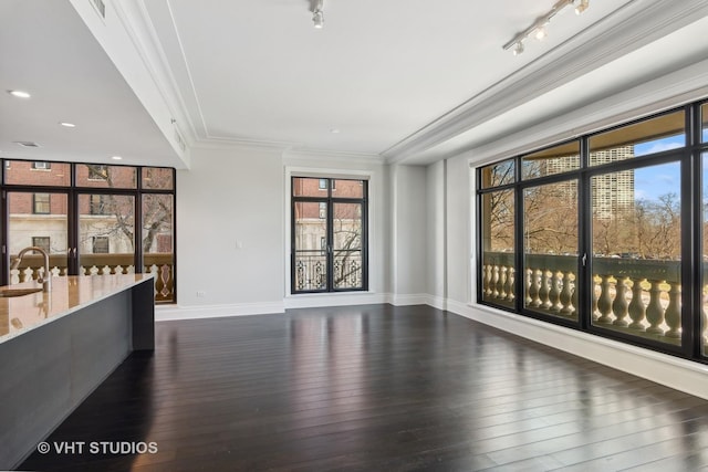 2550 N Lakeview Ave Unit N204, Chicago, IL 60614 - unfurnished living room featuring track lighting, crown molding, and dark wood-type flooring