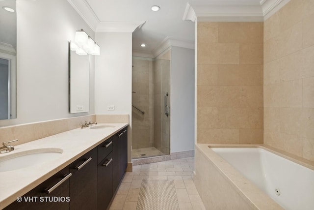 2550 N Lakeview Ave Unit N204, Chicago, IL 60614 - full bath with ornamental molding, a garden tub, a stall shower, double vanity, and tile patterned floors