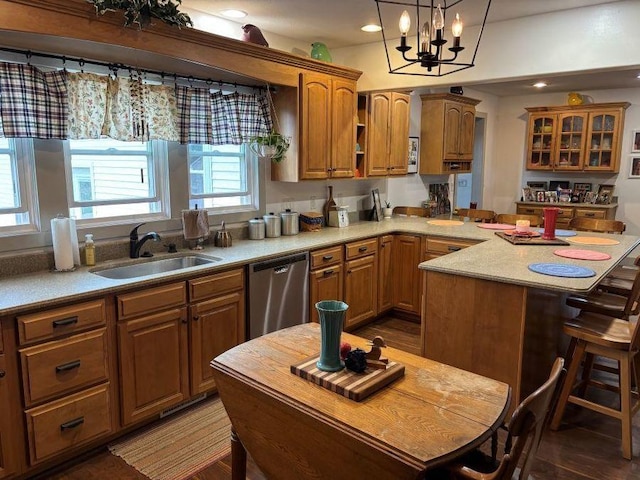 1591 N 2700 E Rd, Sheldon, IL 60966 - kitchen featuring dishwasher, a breakfast bar area, glass insert cabinets, light countertops, and a chandelier