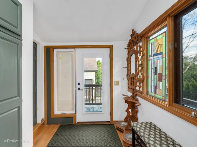 375 S Berkley Ave, Elmhurst, IL 60126 - doorway to outside featuring lofted ceiling and light wood-style flooring