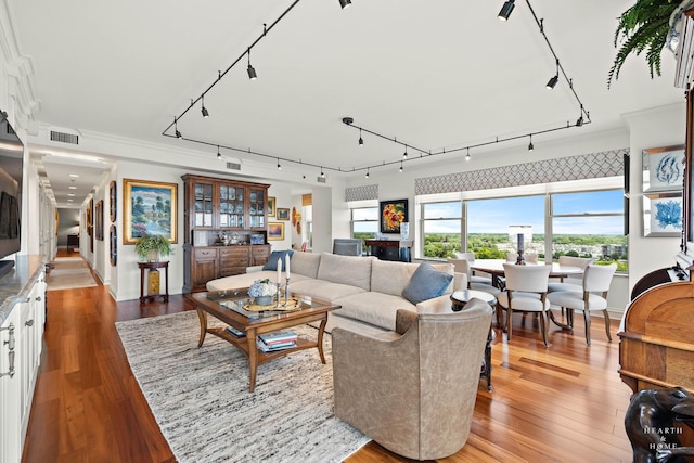77 S Evergreen Ave Unit 1103, Arlington Heights, IL 60005 - living area featuring track lighting, wood finished floors, and crown molding