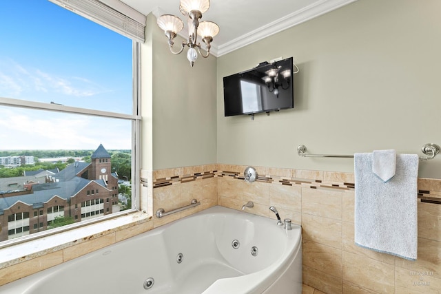 77 S Evergreen Ave Unit 1103, Arlington Heights, IL 60005 - bathroom featuring a tub with jets, a chandelier, and crown molding
