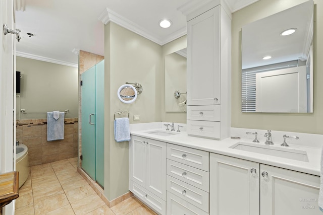 77 S Evergreen Ave Unit 1103, Arlington Heights, IL 60005 - bathroom with ornamental molding, a stall shower, double vanity, tile walls, and tile patterned floors