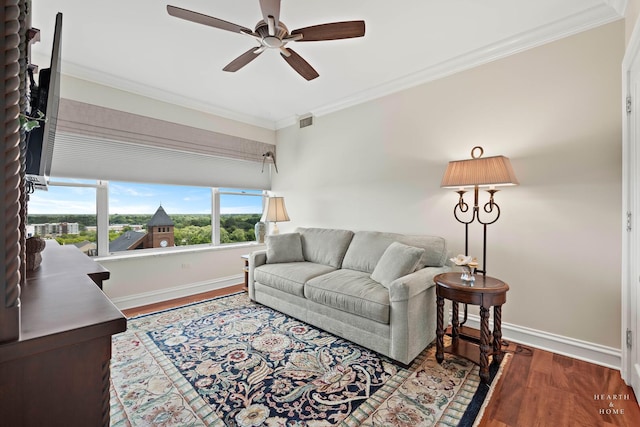 77 S Evergreen Ave Unit 1103, Arlington Heights, IL 60005 - living area featuring ceiling fan, ornamental molding, and wood finished floors