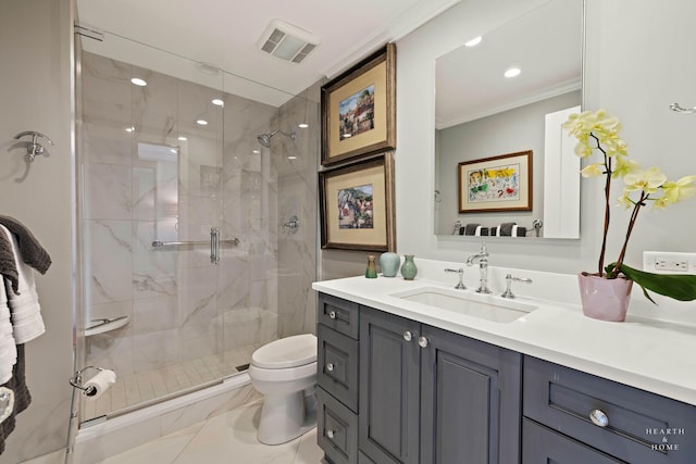 77 S Evergreen Ave Unit 1103, Arlington Heights, IL 60005 - bathroom with vanity, a marble finish shower, and ornamental molding