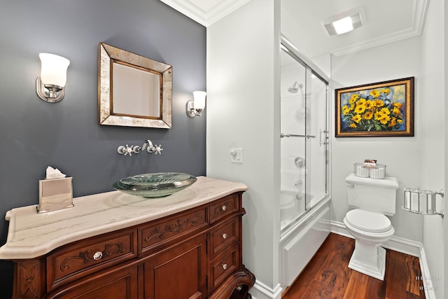 77 S Evergreen Ave Unit 1103, Arlington Heights, IL 60005 - bathroom featuring ornamental molding, wood finished floors, combined bath / shower with glass door, and vanity