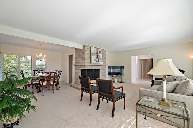 200 N Forest Ct, Addison, IL 60101 - living room featuring light carpet, a chandelier, and a stone fireplace