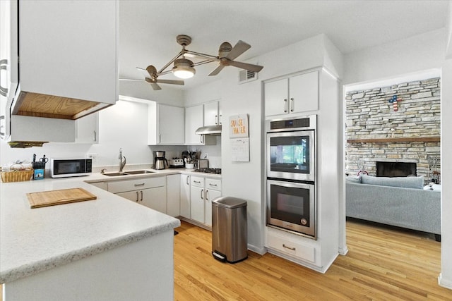 3125 Chellington Dr, Johnsburg, IL 60051 - kitchen featuring appliances with stainless steel finishes, a fireplace, ceiling fan, light countertops, and light wood-style floors