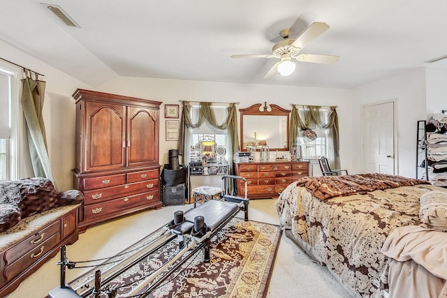218 N Merrill St, Park Ridge, IL 60068 - bedroom featuring light carpet, multiple windows, lofted ceiling, and a ceiling fan